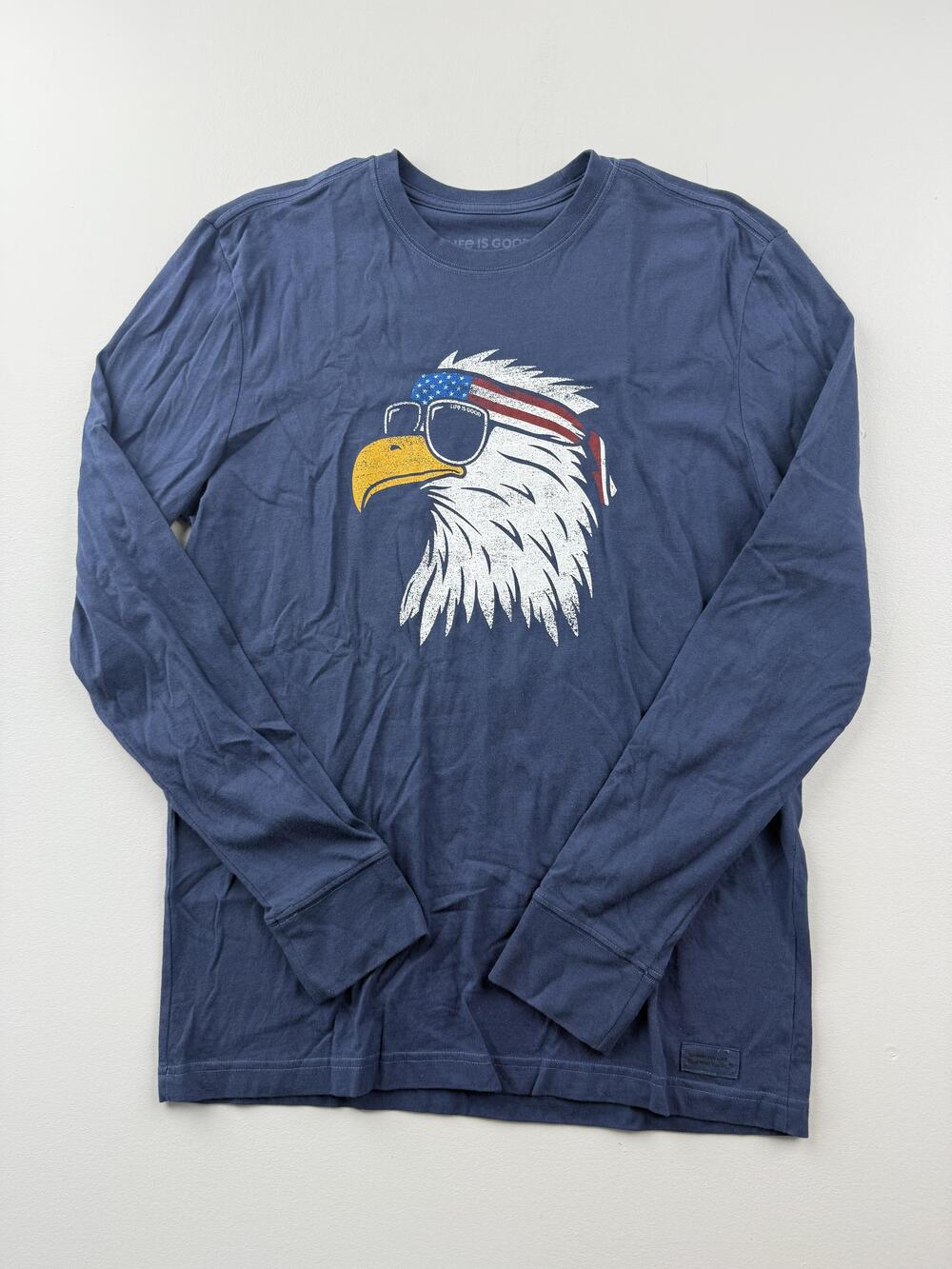 Life Is Good Shirt Mens Small Blue Long Sleeve Eagle Graphic Tee Patriotic USA